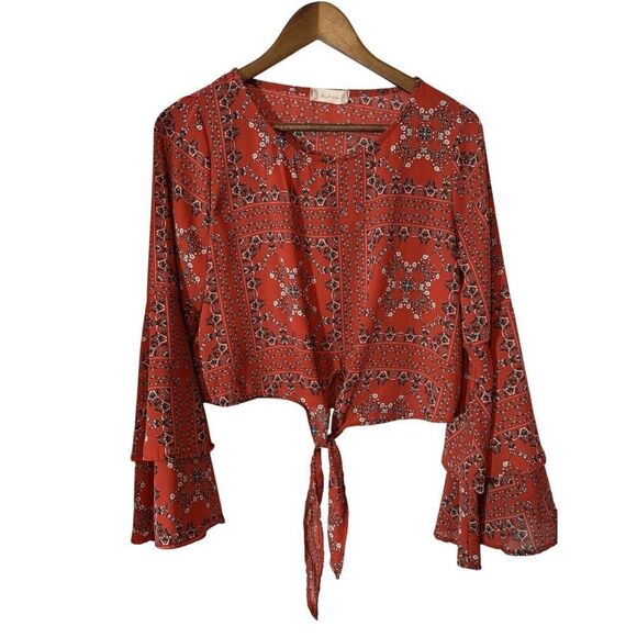 Altar'd State Top Size S boho festival bell sleeve ruffles geometric orange red - Picture 1 of 6